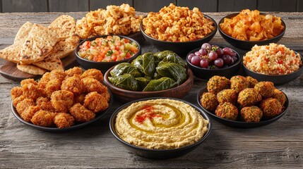 Selection of Middle Eastern mezze dishes, including hummus and falafel: A vibrant assortment of mezze dishes such as creamy hummus, crispy falafel, stuffed grape leaves, and fresh pita bread,