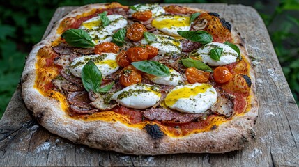 Rustic Italian pizza topped with fresh ingredients and herbs: A beautifully baked pizza with a thin, crispy crust, topped with fresh mozzarella, tomatoes, basil, and a drizzle of olive oil, served on