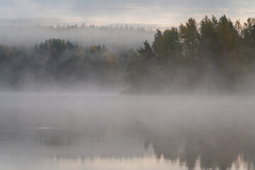 Ladoga Skerries National Park near the village of Lumivaara on an early foggy autumn morning, Republic of Karelia, Russia