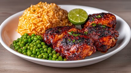 Vibrant Caribbean jerk chicken served with rice and peas: A spicy and flavorful dish featuring smoky jerk chicken with charred edges, served with a side of rice and peas and garnished with fresh lime,