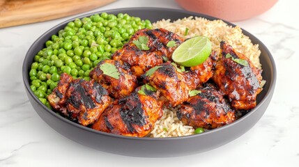 Vibrant Caribbean jerk chicken served with rice and peas: A spicy and flavorful dish featuring smoky jerk chicken with charred edges, served with a side of rice and peas and garnished with fresh lime,
