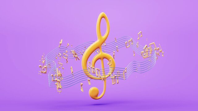 Golden treble clef with musical notes floating on purple background in 3d loop animation