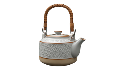 White Ceramic Teapot with Rattan Handle and Embossed Pattern