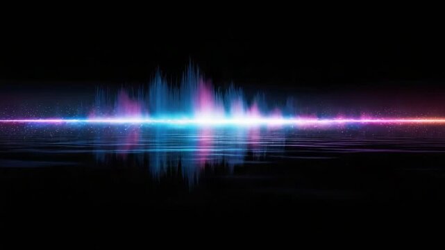 Vibrant Soundscape: An abstract display of sound waves pulsates with vibrant colors against a dark backdrop, creating a dynamic visual representation of sound frequency and energy.