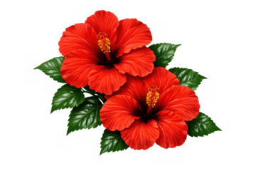 Red hibiscus flowers blooming with green leaves, tropical floral plant elements on transparent background