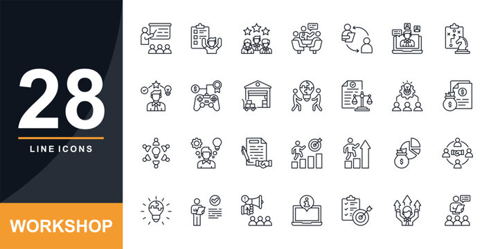Workshop Solid Icon set. Containing Workshop, Activity, Experience, Devices, Coaching, Online Workshop, Strategy
