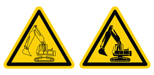Warning Signs Featuring Construction Excavator Equipment in Yellow Triangle © Seetwo