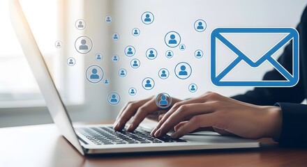 Person typing on laptop with email and social connections concept