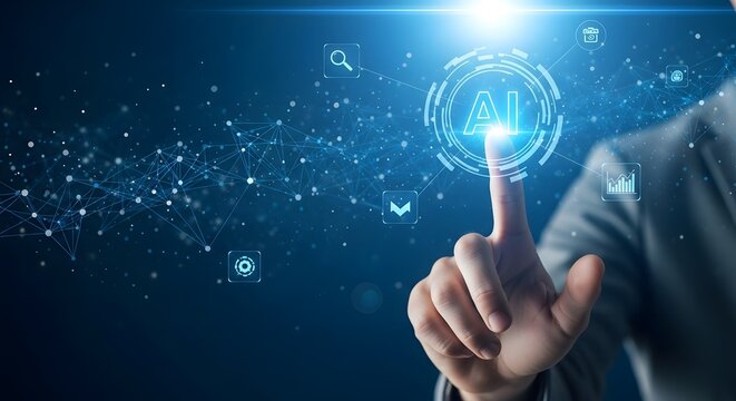 A futuristic person interacting with a glowing digital fingerprint - Powered by Adobe