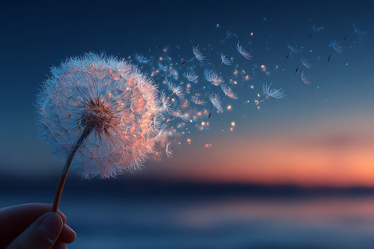 A hand holds a dandelion with seeds dispersing in the wind against a serene sunset background by the water