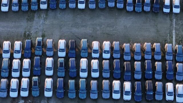 Top down drone view shows imported cars parked in parallel rows inside a logistics storage yard, highlighting large scale vehicle handling