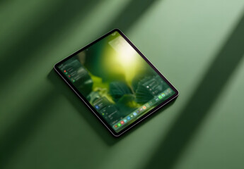 Modern tablet mockup with green nature inspired background and soft light shadow. Clean digital device concept for app UI, technology presentation, branding, and eco friendly design projects.