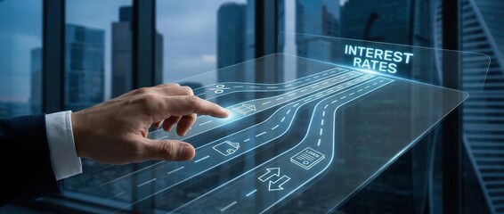 Interest rates adjustment and monetary policy concept with banker hand setting financial percentage levels on a digital dashboard to manage loan costs and economic growth strategy.