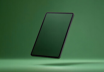 An tablet mockup floating in a minimal studio scene, designed for designers and startups, showing tablet screen on green background with soft light and shadow for branding and app presentation use