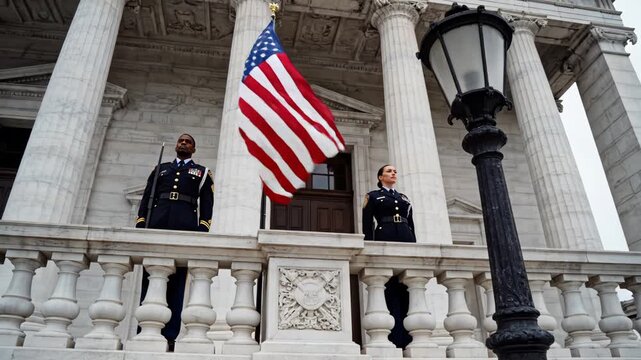 Military guards with American flag