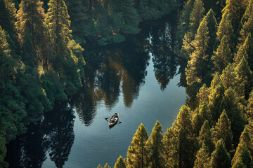 Boat on Calm River Amidst Tall Forest Trees