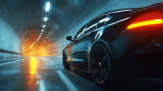 Black car speeding through a tunnel with illuminated lights and blurred motion