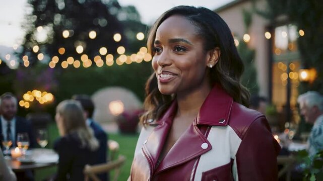 Two women sharing a joyful laugh at an elegant outdoor evening party with warm string lights. Stylish lifestyle and friendship scene