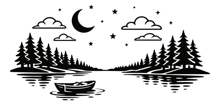 Minimal line art illustration of a night lake scene depicting a crescent moon, stars, trees, and a boat for tranquil nature concepts