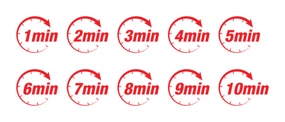 1&ndash;10 Minutes Circular Timer Icons Set . Red Countdown Time Indicator Labels.