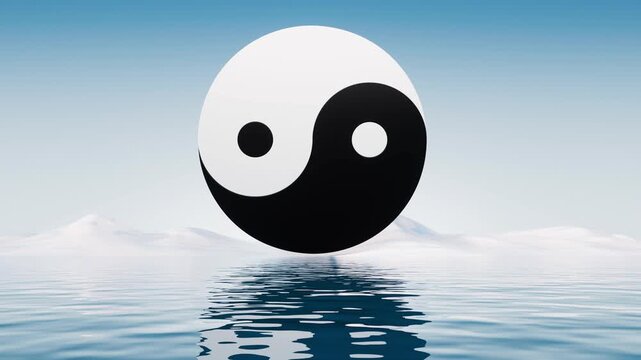 Rotating yin yang symbol hovering over calm sea water surface with snowy mountains and clear blue sky background