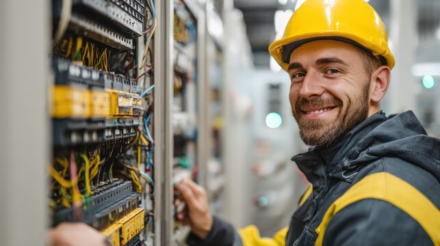 Smiling technician inspecting electrical panel in bright lighting