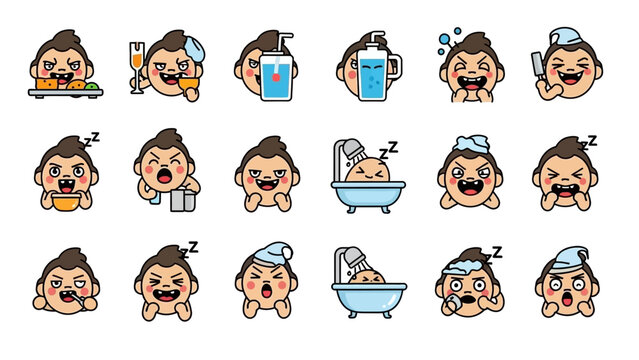 Cartoon Man Hygiene Routine Facial Expressions.