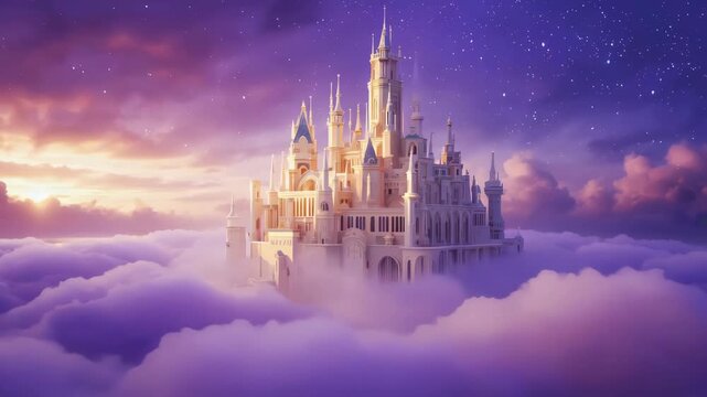 Fantasy Castle in Clouds With Snowflakes