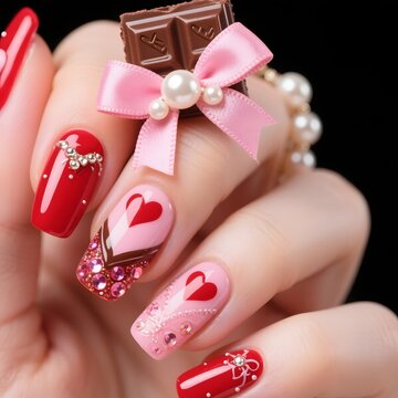 4k high quality Ai generative HD photo realistic decoration cute pretty fashion finger nail art hand  closeup polish pink color ribbon kawaii valentine day red painting glitter chocolate bar pearl