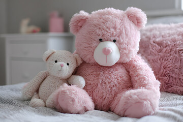 a pink teddy bear and a white teddy bear