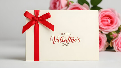 A cream colored card with a red ribbon bow that says happy Valentines day next to pink roses