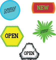 Brightly colored 'new' and 'open' sale signs collection vector