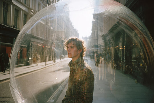 Man isolated in bubble on urban street