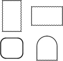 Four blank postage stamp frames with perforated edges isolated on white background