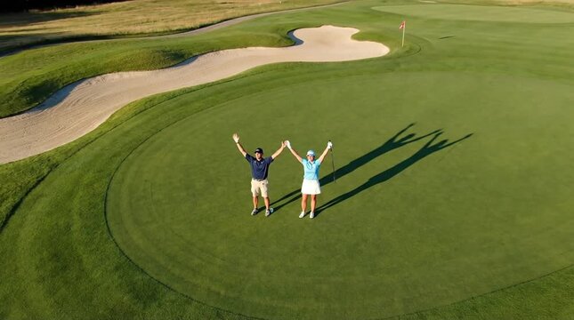 Excited Golfers Celebrate on a Sunny Green with Arms Raised in Victory and Joy, Marking a Successful Round