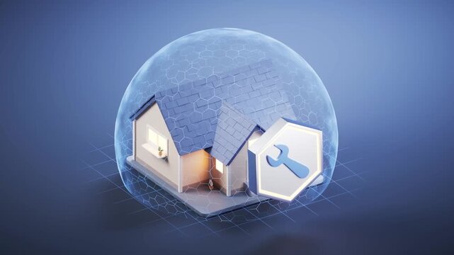 Dynamic digital 3d animation of a house protected by a spherical blue security shield and repair wrench icon