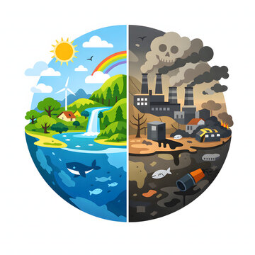 Vector flat illustration of earth globe split in half showing contrast between clean green nature with renewable energy and dirty industrial pollution, climate change concept.