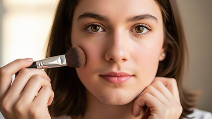 Fototapeta premium A young woman applying makeup with a brush in a well-lit room
