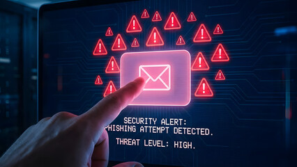 Human finger selecting a phishing email alert on a glowing computer screen displaying multiple red warning icons in a dark environment