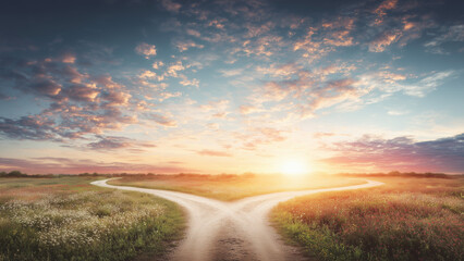 Obraz premium two roads diverge in different directions, symbolizing the choice between two paths or options in the early morning light of a beautiful meadow with grass and flowers