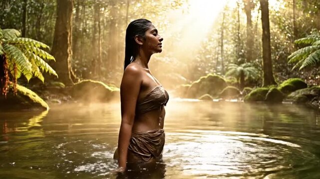 Woman bathing in a serene natural hot spring surrounded by lush forest.
