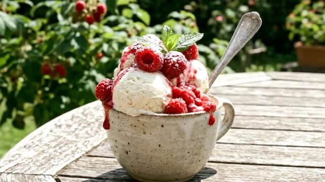 A vibrant close-up captures a delightful scoop of creamy vanilla ice cream, generously adorned with fresh, ripe raspberries and a glistening, ruby-red raspberry sauce. A light dusting of powdered suga