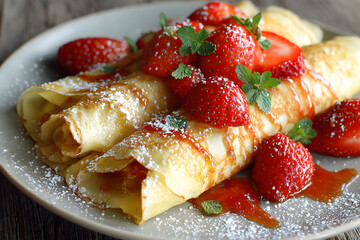 a plate of crepes with strawberries and syrup