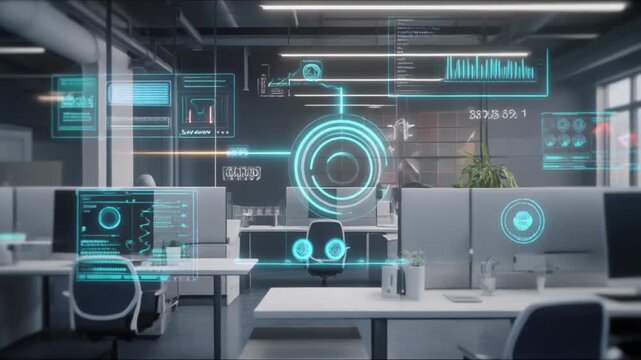 futuristic office workflow with floating UI elements footage