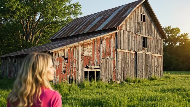 Woman in pink field near old barn