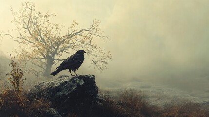 Mystical Raven on a Foggy Rock, A Dramatic Nature Scene with Atmospheric Light
