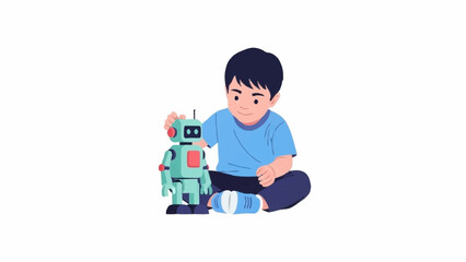An animated illustration of a curious young boy sitting and interacting with a small green robot toy.