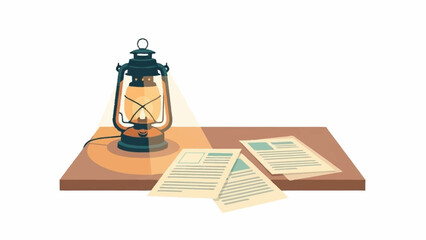 A vintage lit oil lantern illuminates scattered documents on a wooden desk.