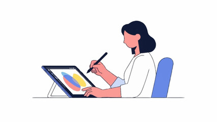 An illustrated woman sitting at a desk, using a stylus to create a colorful pie chart on a digital tablet.