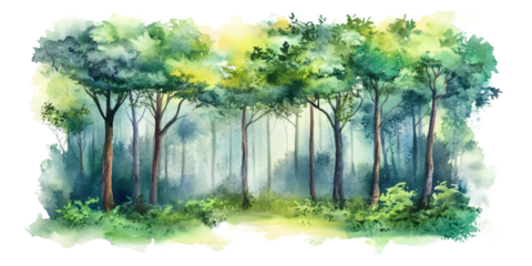 Serene forest landscape with tall trees and lush greenery in misty atmosphere